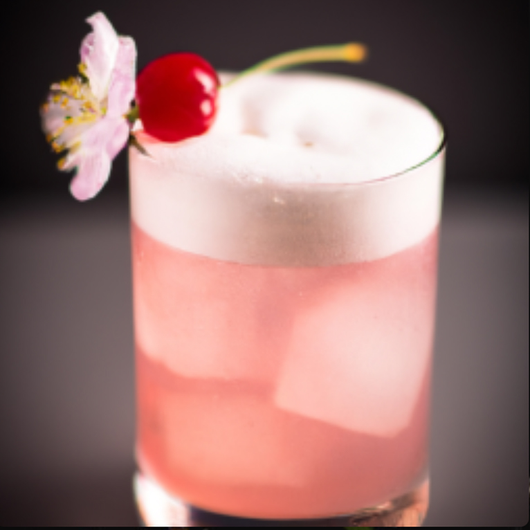 Cherry Blossom Sour cocktail with a cherry blossom as garnish