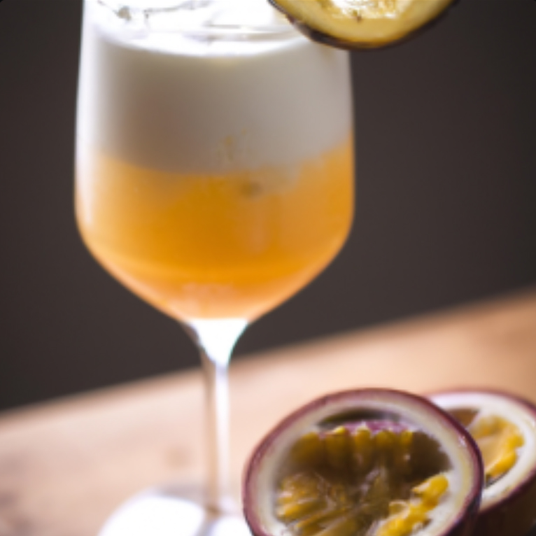 Passionfruit Pisco Sour cocktail with a passion fruit cut open next to it