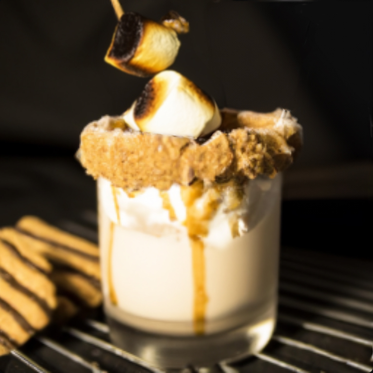 Chica~Chida S’mores cocktail with toasted marshmallow garnish