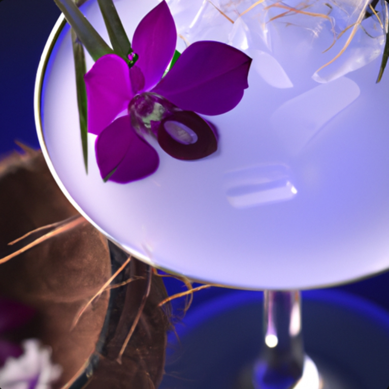 Coconut Lavender Martini garnished with a purple flower and coconut shavings in a martini glass.