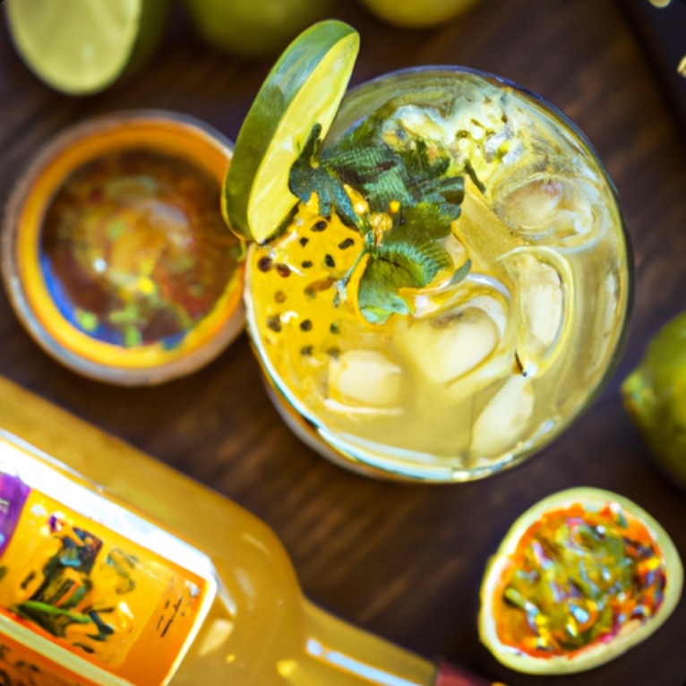 Fuego Mexican Mule cocktail with lime, cilantro, and passion fruit garnish in a glass on a wooden table.