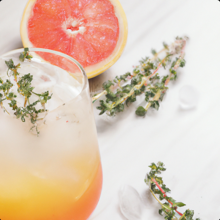 A refreshing Grapefruit Thyme Fizz cocktail garnished with a sprig of thyme, served in a glass with ice, accompanied by a halved grapefruit and fresh thyme sprigs on a white background.