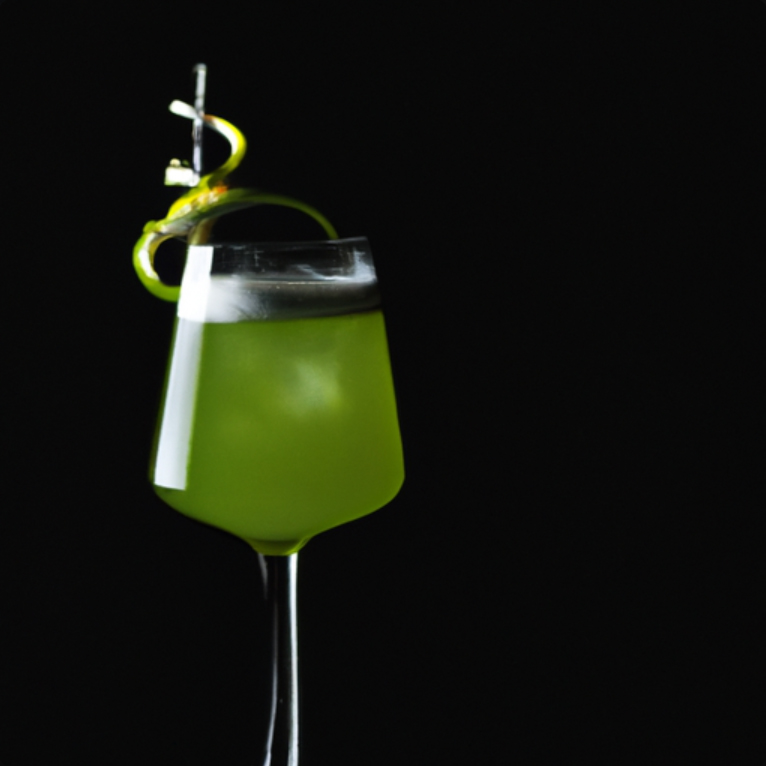 A vibrant green modern Last Word cocktail served in an elegant glass with a lemon twist garnish.