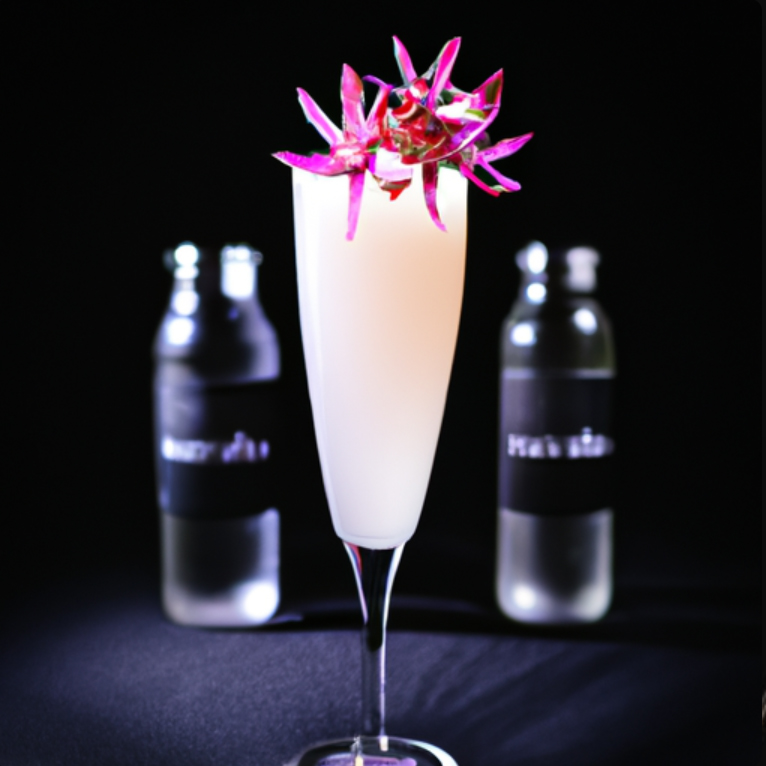 Midnight Bloom cocktail in a tall glass, garnished with a pink flower and set against a dark background.