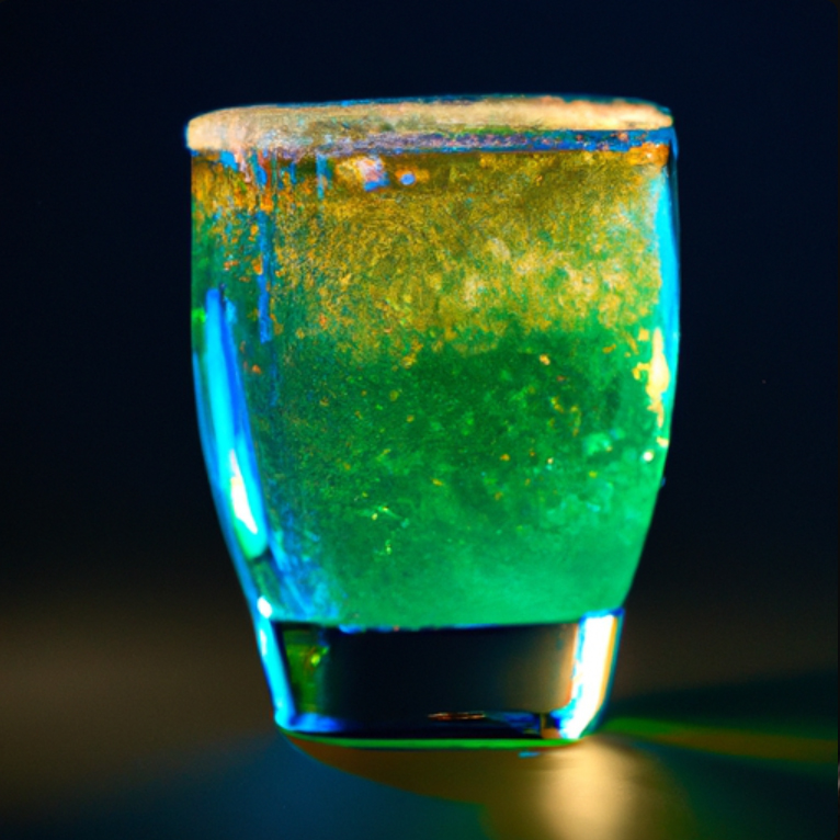 Video of the Raygun Breakdance cocktail being prepared, featuring a vibrant green mix of vodka, Midori, and Mountain Dew, topped with gold glitter.