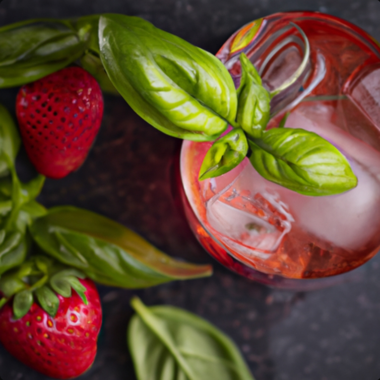 Strawberry Basil Spritz cocktail in a glass with fresh basil garnish and strawberries on the side.