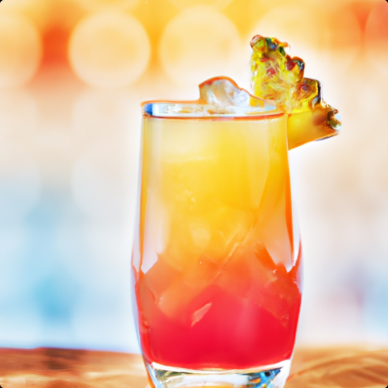 Summer Sunset cocktail with vibrant layers of orange and red, garnished with a pineapple wedge.