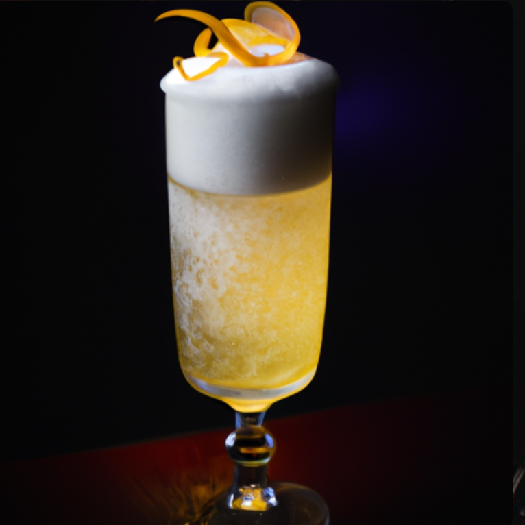 A Golden Sunset Gin Fizz cocktail with a frothy top and orange twist garnish, served in a tall glass.