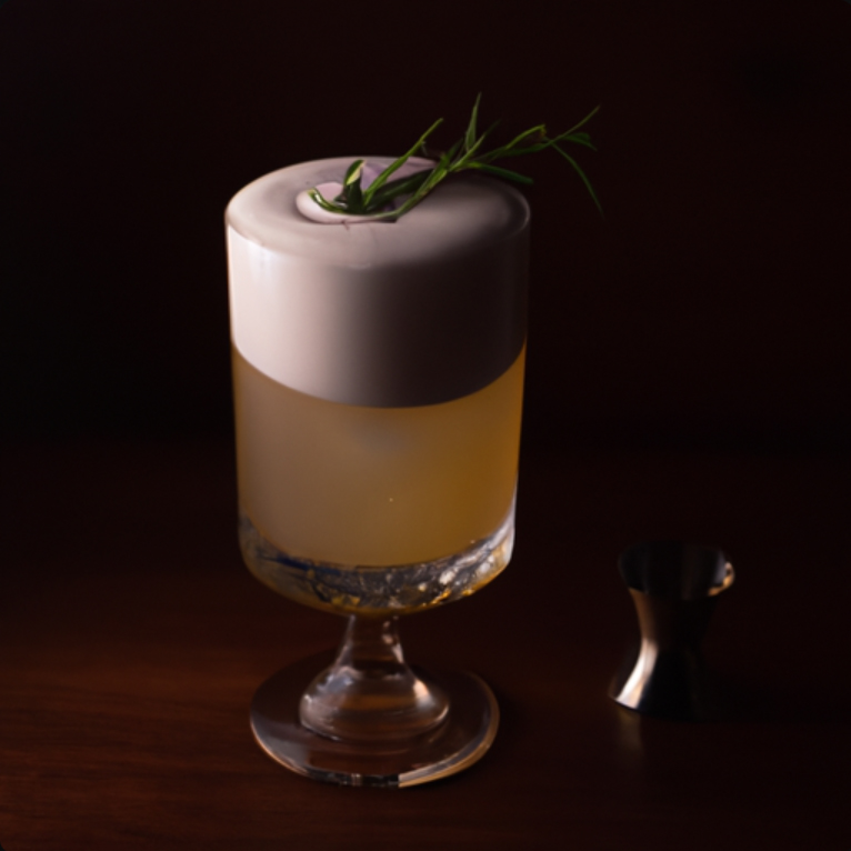 A frothy “Speakeasy Sip” cocktail garnished with a sprig of rosemary, served in a coupe glass