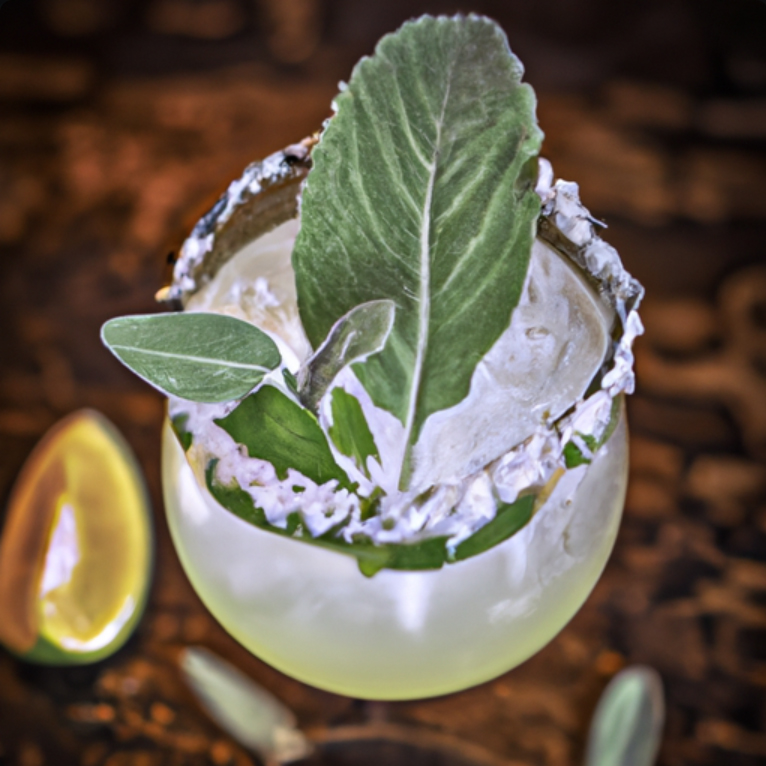 Spicy Sage Margarita in a glass with a salted rim, garnished with fresh sage leaves and a lime wedge.