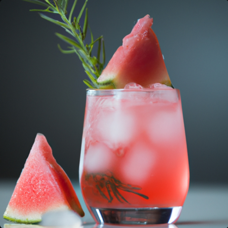 A vibrant Watermelon Sparkler cocktail garnished with a watermelon slice and sprig of rosemary, served in a glass filled with ice.