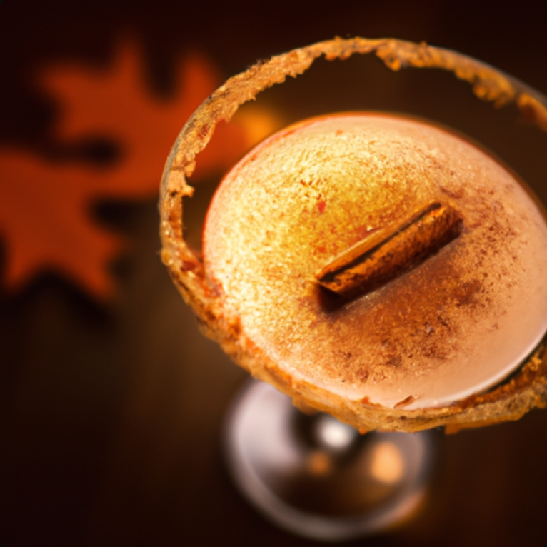 Autumn Harvest Martini garnished with a cinnamon stick in a graham cracker-rimmed glass.