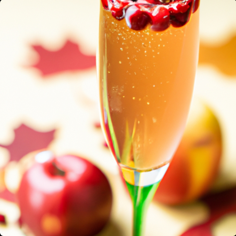 Autumn Harvest Mimosa with apple slices and cranberries in a champagne flute.