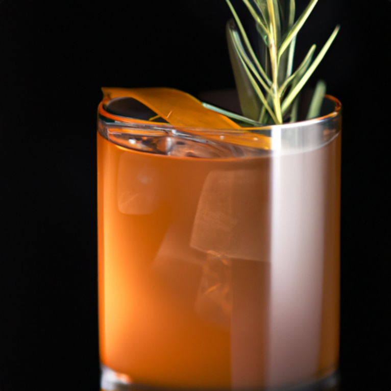 Bourbon Bliss cocktail garnished with rosemary sprig and orange peel.