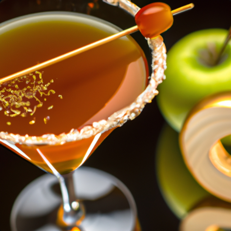 Caramel Apple Harvest Martini with cinnamon sugar rim and green apple garnish.