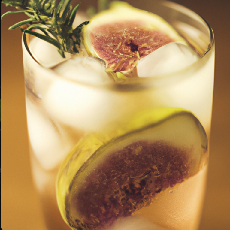 Close-up of a Figgy Fizz cocktail with fresh figs and rosemary garnish.