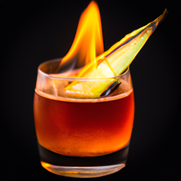 Flaming Elixir cocktail with fire garnish in a rocks glass.