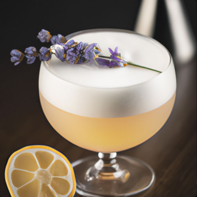 Honey Lavender Whiskey Sour cocktail garnished with a sprig of lavender, served in a coupe glass