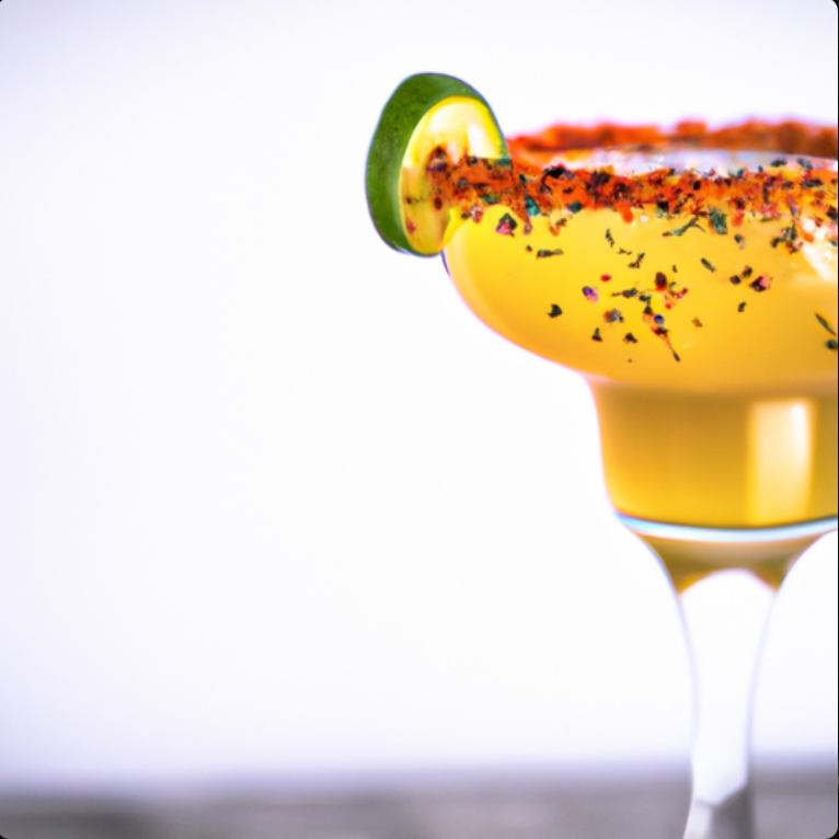 Close-up of Mango Jalapeño Margarita with tajin-rimmed glass and lime wedge garnish.