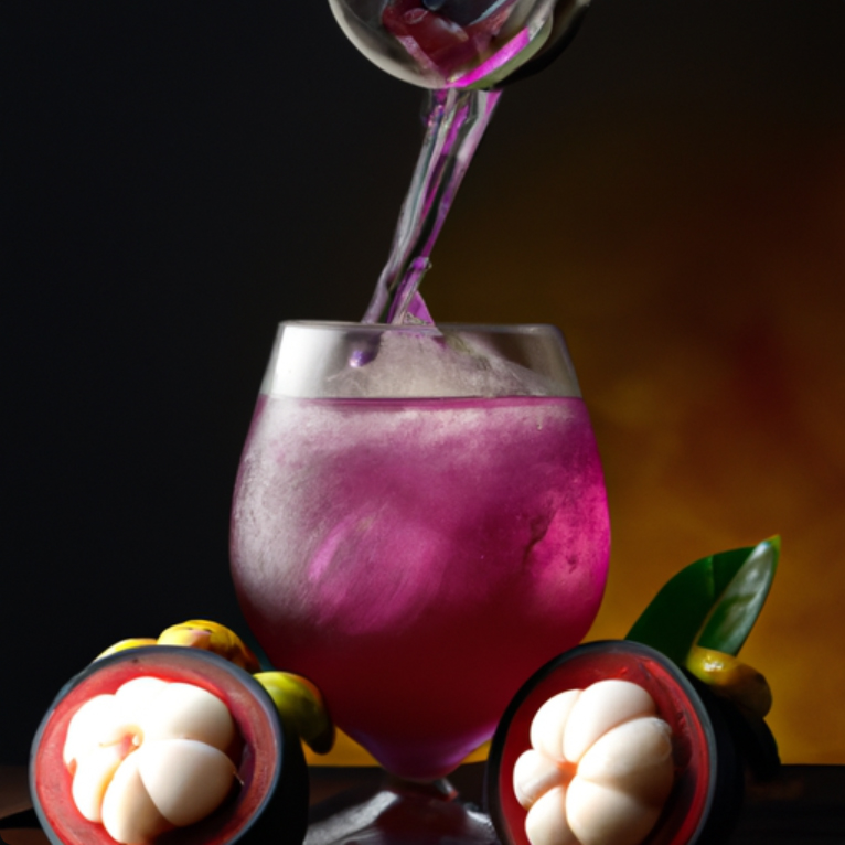 Vibrant Mangosteen Dream cocktail being poured into a glass with fresh mangosteen fruit garnish.