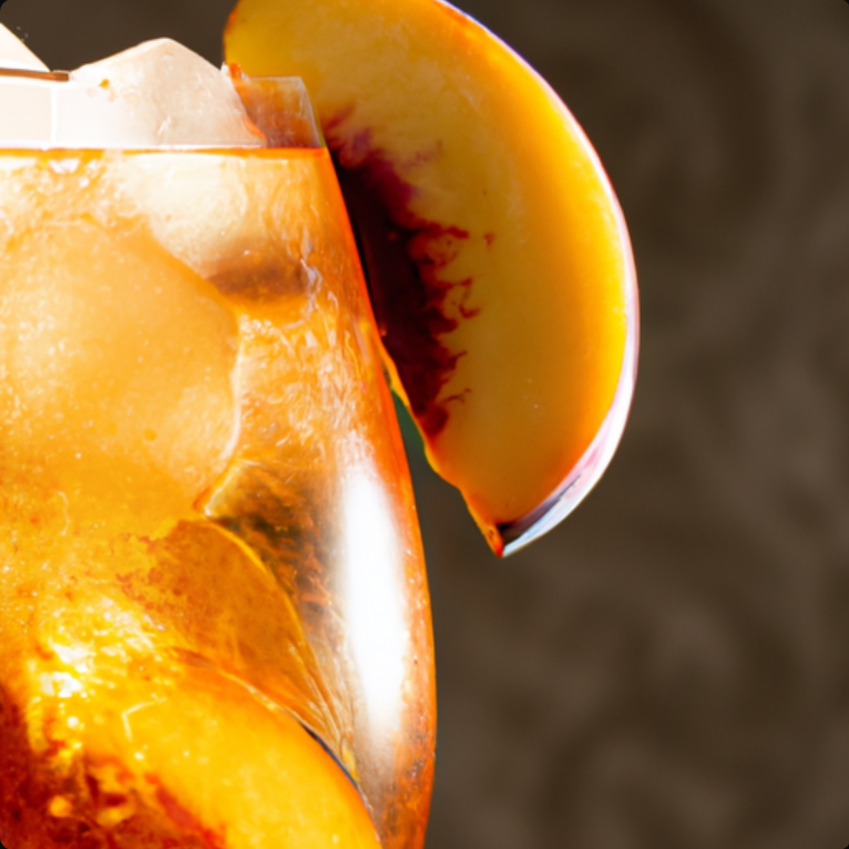 Close-up of Peach Aperol Spritz with fresh peach slices and ice in a stemless wine glass.