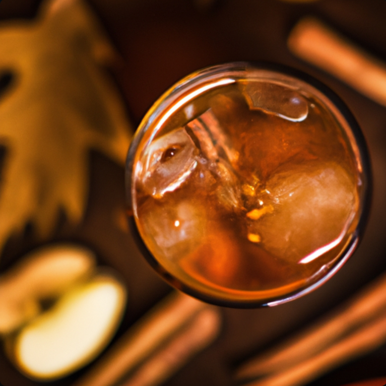 Spiced Autumn Punch cocktail with ice and fall spices, viewed from above.