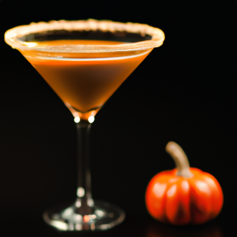 Spiced Pumpkin Martini in a cinnamon sugar-rimmed glass with a small pumpkin garnish.