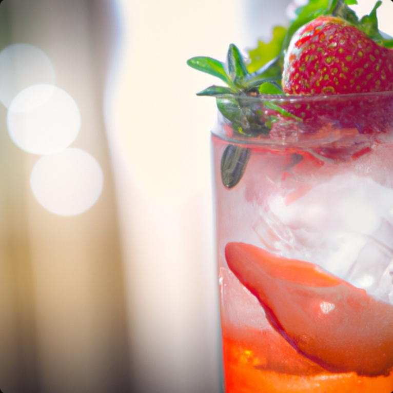 Summer Sunset Fizz cocktail with fresh strawberries and mint garnish in a tall glass filled with ice.