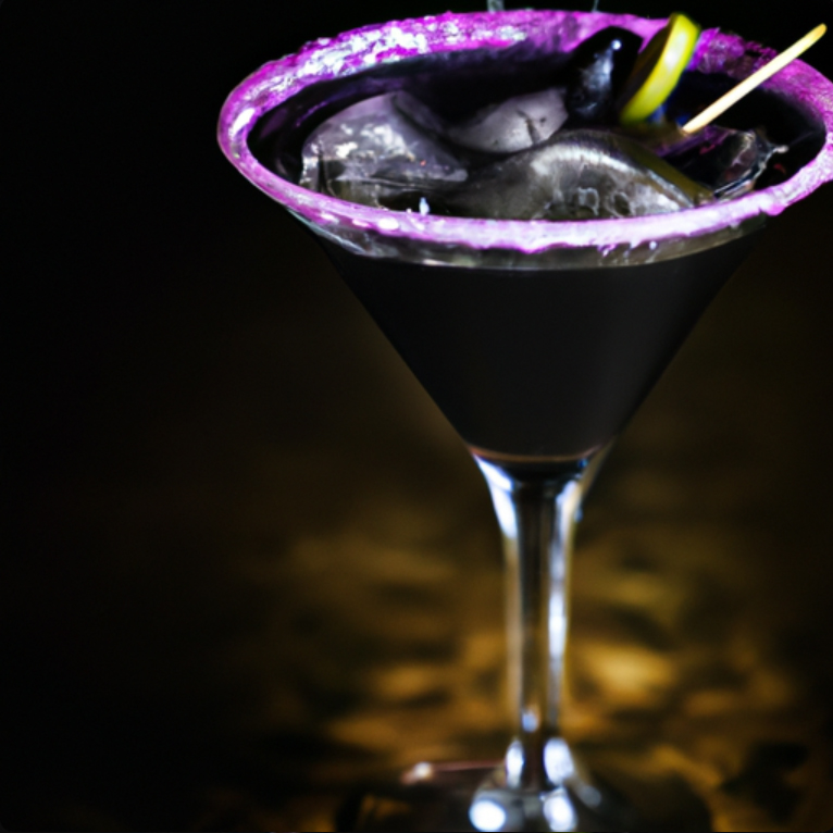 Black Magic Martini with black vodka, blackberry liqueur, and black sugar rimmed glass.