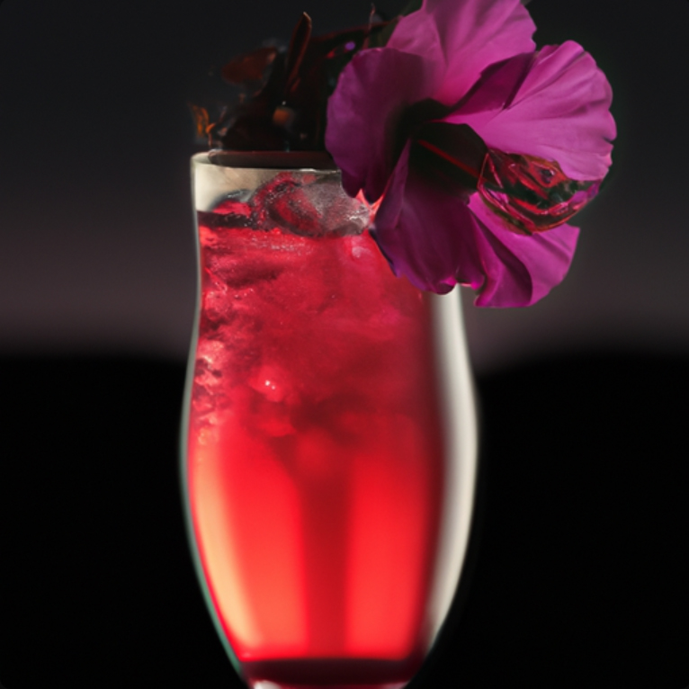 Hibiscus Sunset cocktail with a dried hibiscus flower garnish and a vibrant red hue.