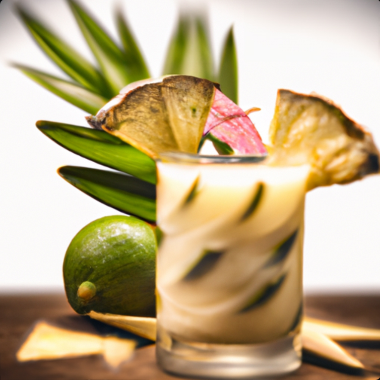 Island Breeze cocktail with pineapple wedge garnish and tropical leaves.