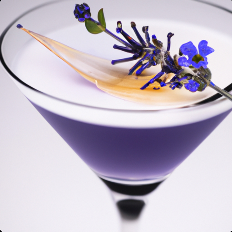 Midnight Bloom Martini with lavender syrup and edible flower garnish.