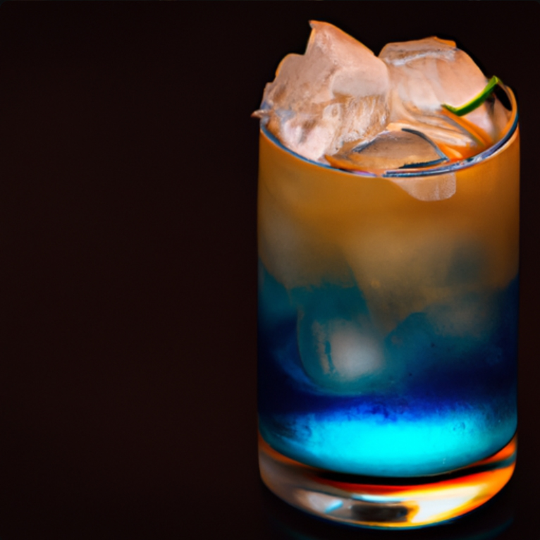 Midnight Howl cocktail with blue curaçao and rum, garnished with orange and cherry.