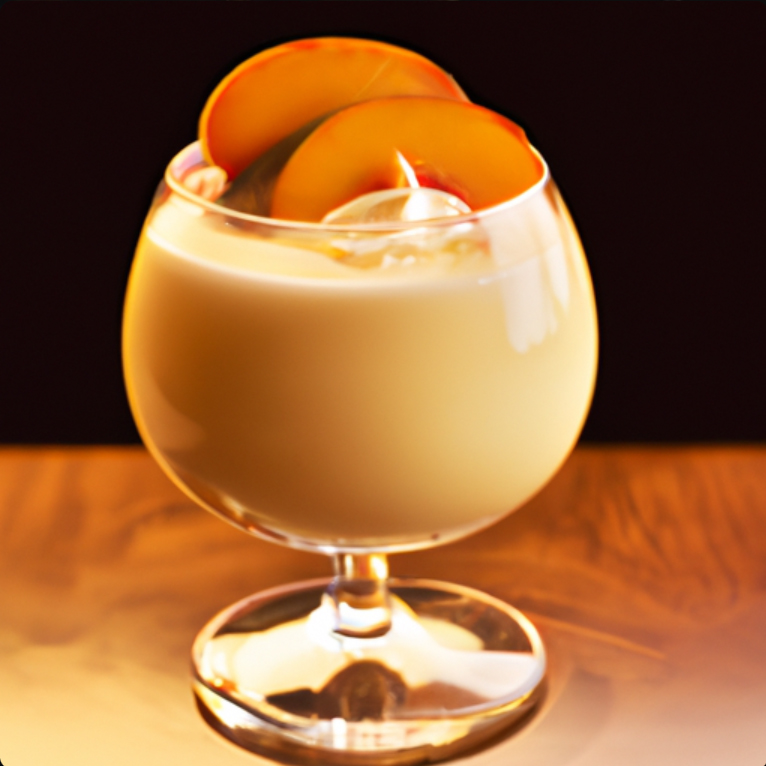 Peaches and Cream Cocktail with fresh peach slices and cinnamon stick garnish.