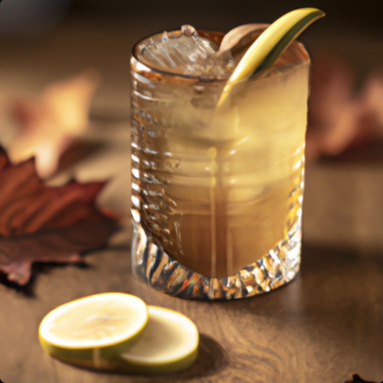 Spiced Autumn Mule cocktail with cinnamon stick and apple slice garnish.