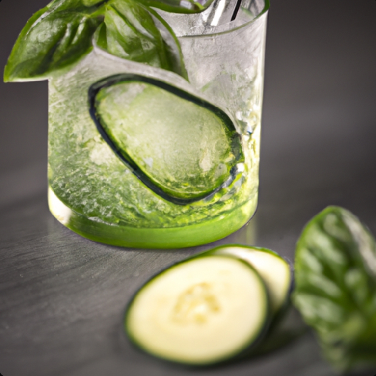 Crisp Garden Refresher cocktail with cucumber slices and basil garnish in a glass.