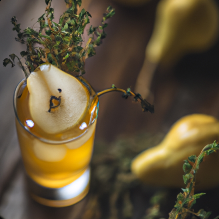 Pearfect Harvest cocktail with pear slice and thyme garnish.