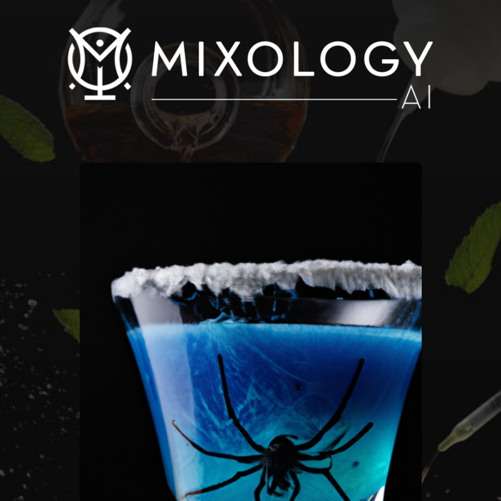 Blue Halloween cocktail with black sugar rim and marshmallow spider garnish.