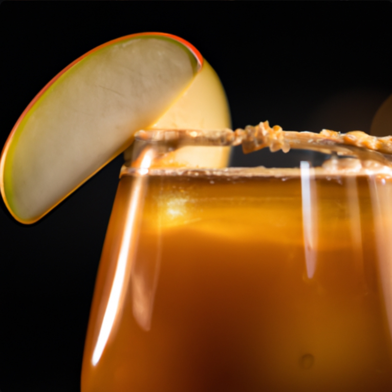 Caramel Apple Harvest cocktail with apple cider, vodka, and caramel, garnished with apple slices and cinnamon sugar rim.