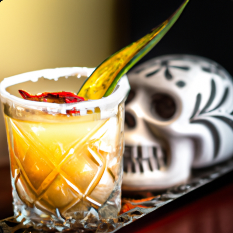 Dia de Los Muertos mezcal cocktail with pineapple and lime garnish