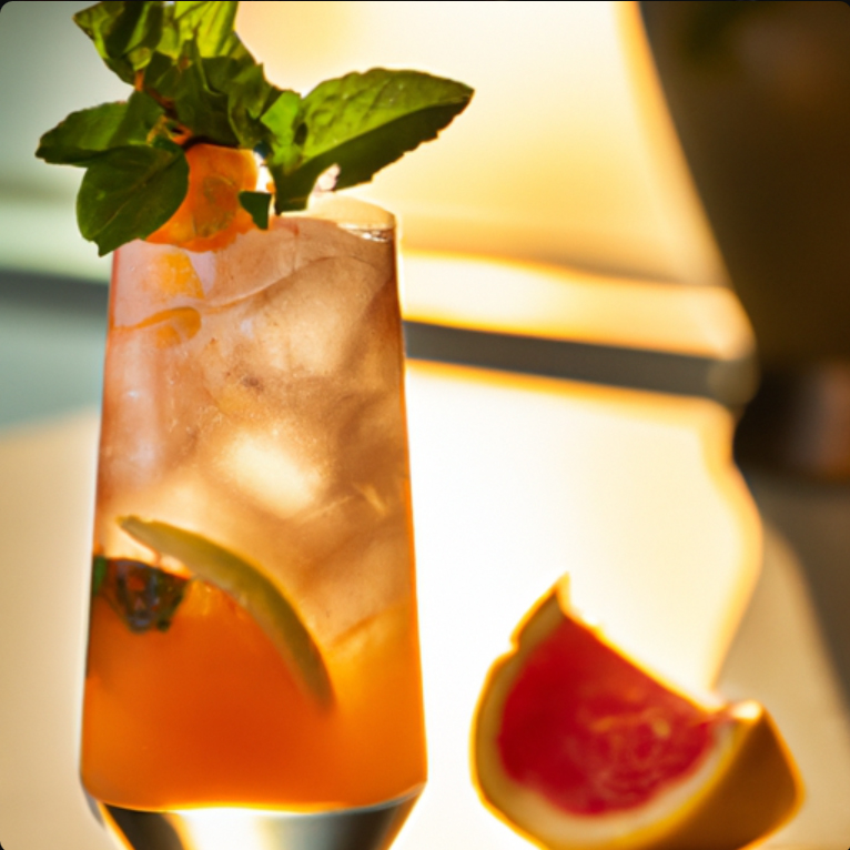 Refreshing Summer Sunset Spritz cocktail with gin, elderflower, and grapefruit, garnished with mint.