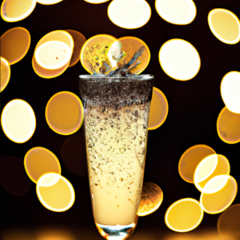 Glittering New Year’s Sparkle cocktail with champagne and a lemon twist, perfect for festive celebrations.