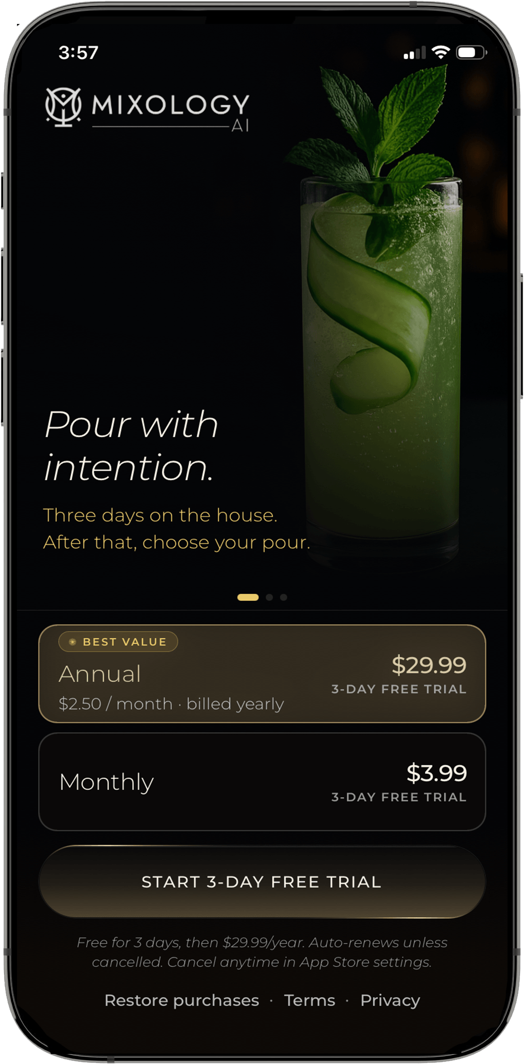 Mixology AI subscription screen showing annual and monthly membership options.