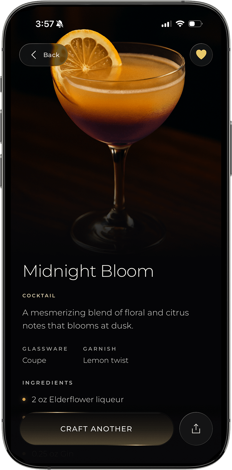 AI-generated cocktail recipe screen featuring a cocktail named Midnight Bloom.