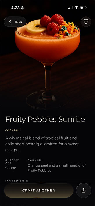 AI-generated cocktail recipe called Fruity Pebbles Sunrise displayed with a colorful tropical drink.