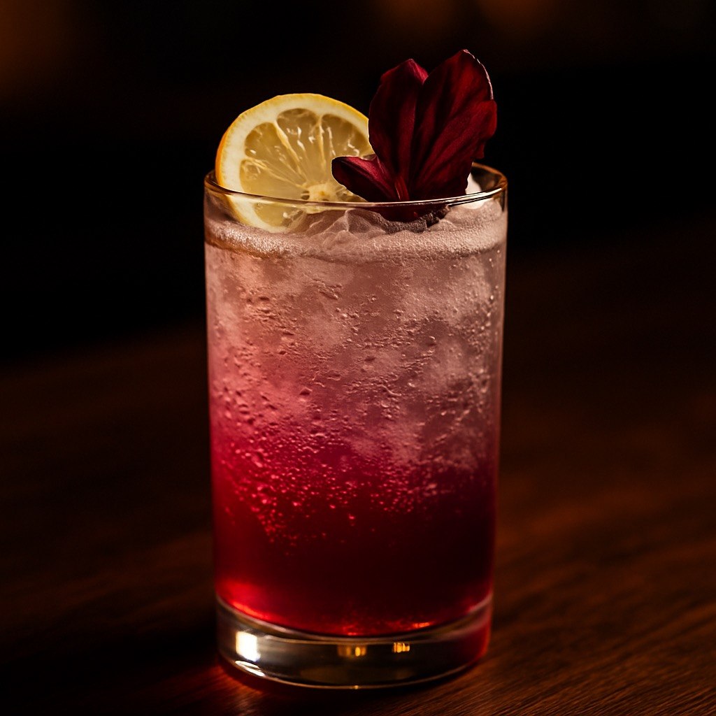 Azure Blossom Elixir sparkling hibiscus mocktail in a tall glass with ice, lemon wheel, and floral garnish.