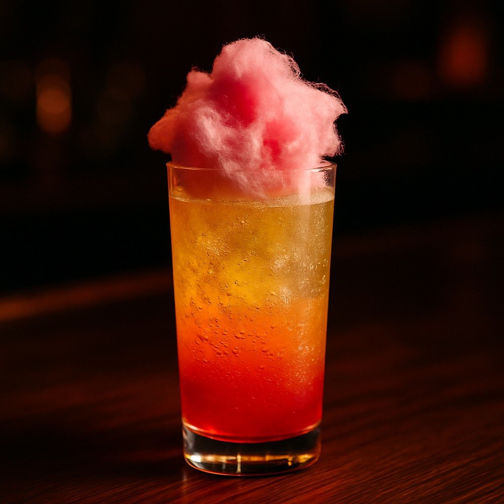 Cotton Candy Cloud mocktail in a tall glass with golden sparkling lemon soda, pink cotton candy on top, and a moody bar background.