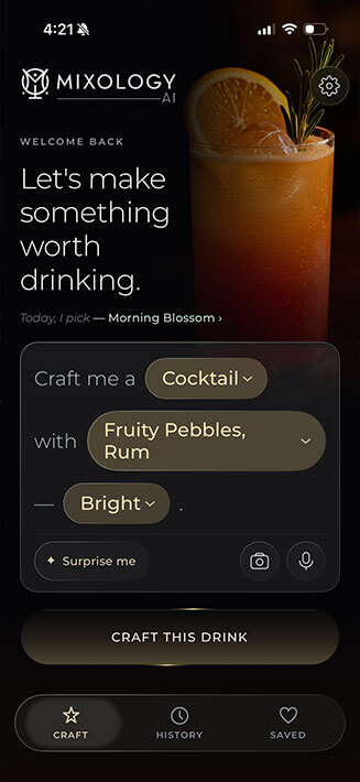 Mixology AI cocktail creation screen with ingredient selection for a Fruity Pebbles and rum cocktail.