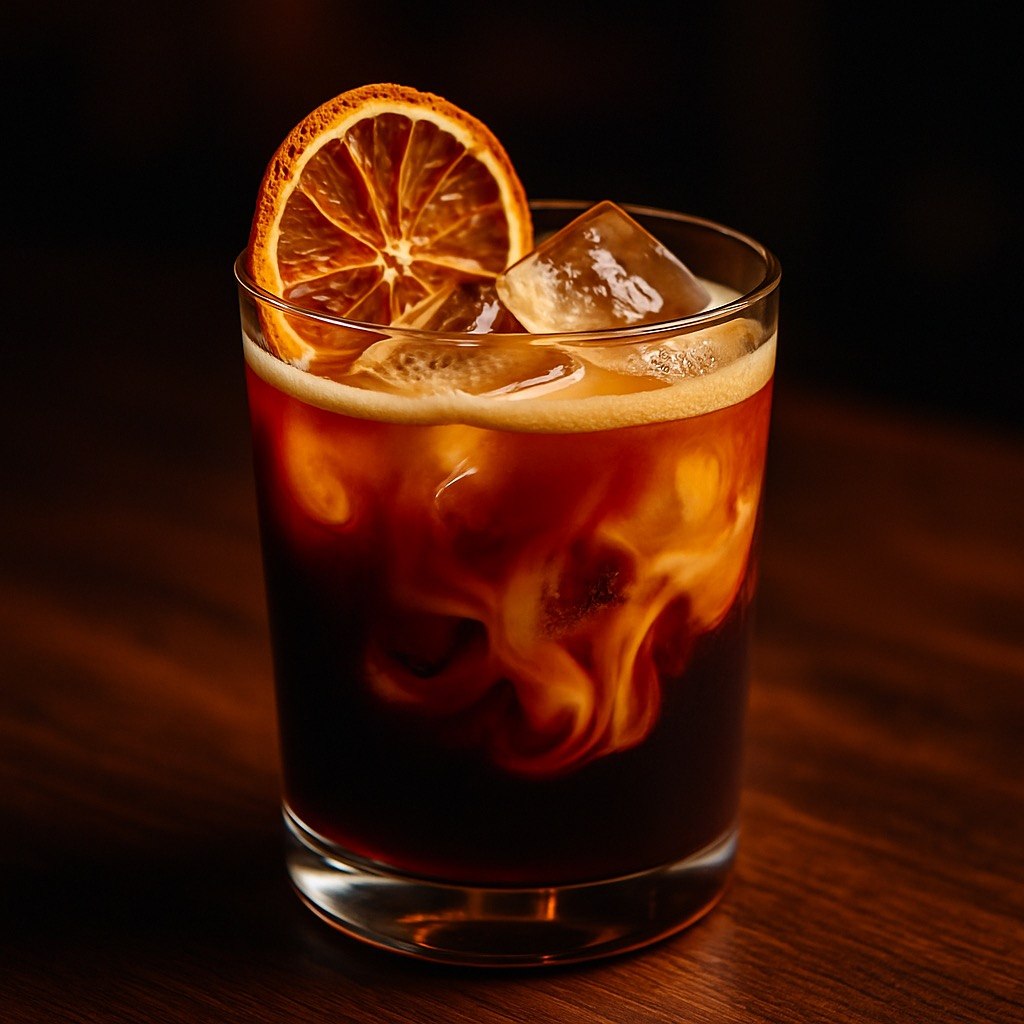 Velvet Morning Mocktail in a short rocks glass over ice with dark cold brew color, creamy swirls, and dried citrus garnish on a moody bar surface