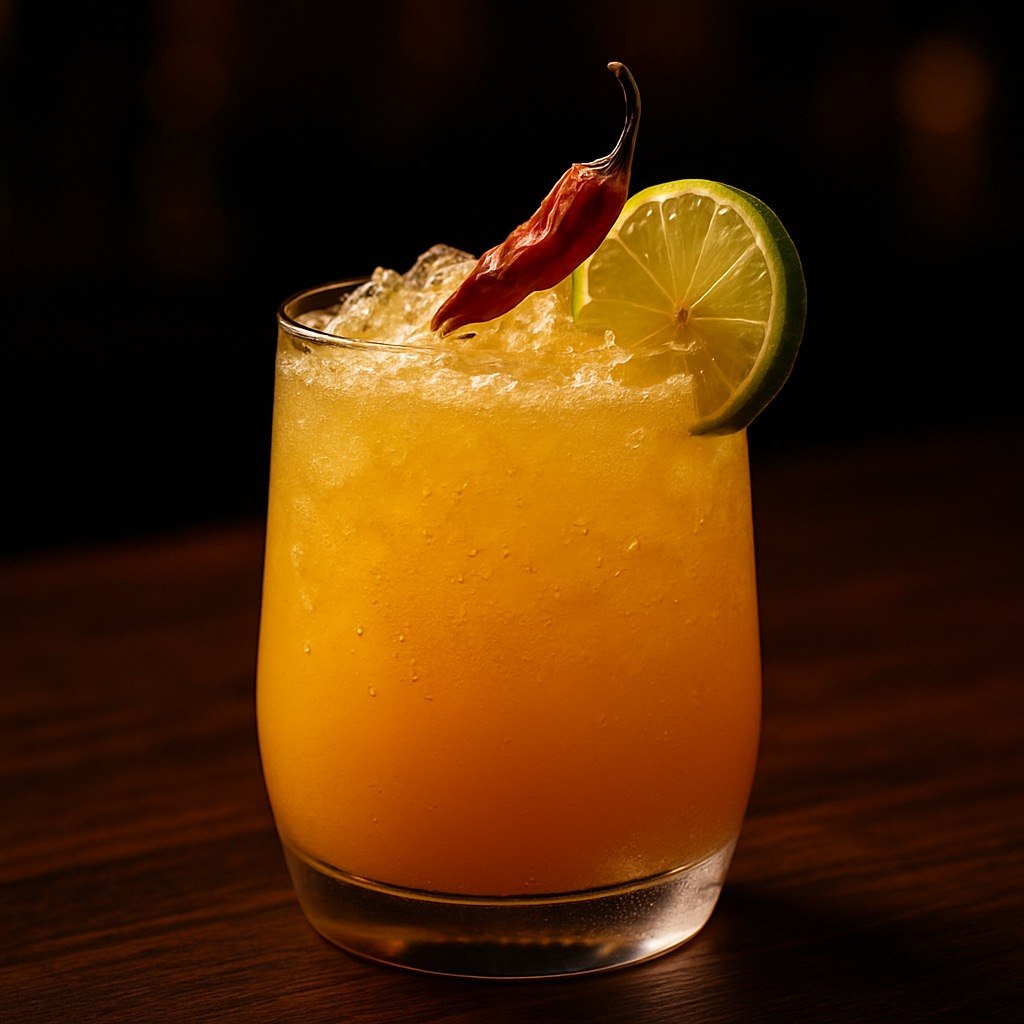 Spicy Mango Mirage mocktail in a rocks glass with a vivid orange mango hue, crushed ice, lime wheel, and red chili garnish on a dark moody bar backdrop